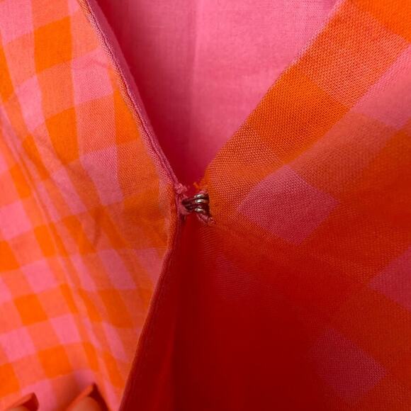 J Crew Blouse Womens Large Orange Pink Gingham Top Cotton Ruffle Wrap Picnic - Picture 3 of 7